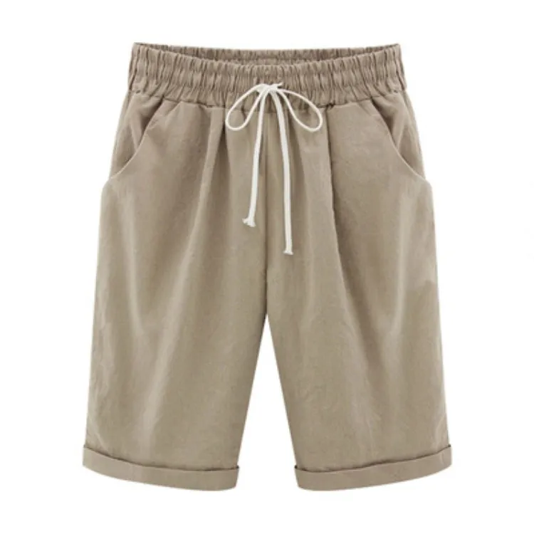 

6 Solid Colors Plus Size Knee Length Pants Ladies Summer Elastic Waist Lace-Up Short Pants