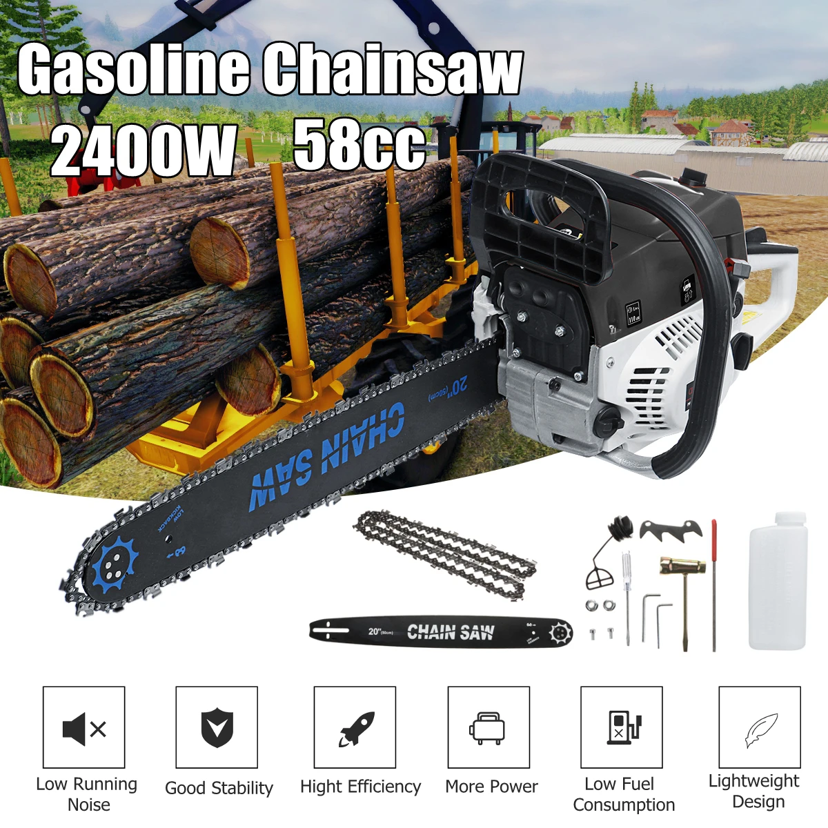 

Professional 2200W 20'' Gasoline Chainsaw Machine Cutting Wood 58CC 8500rmp GAS China Saw