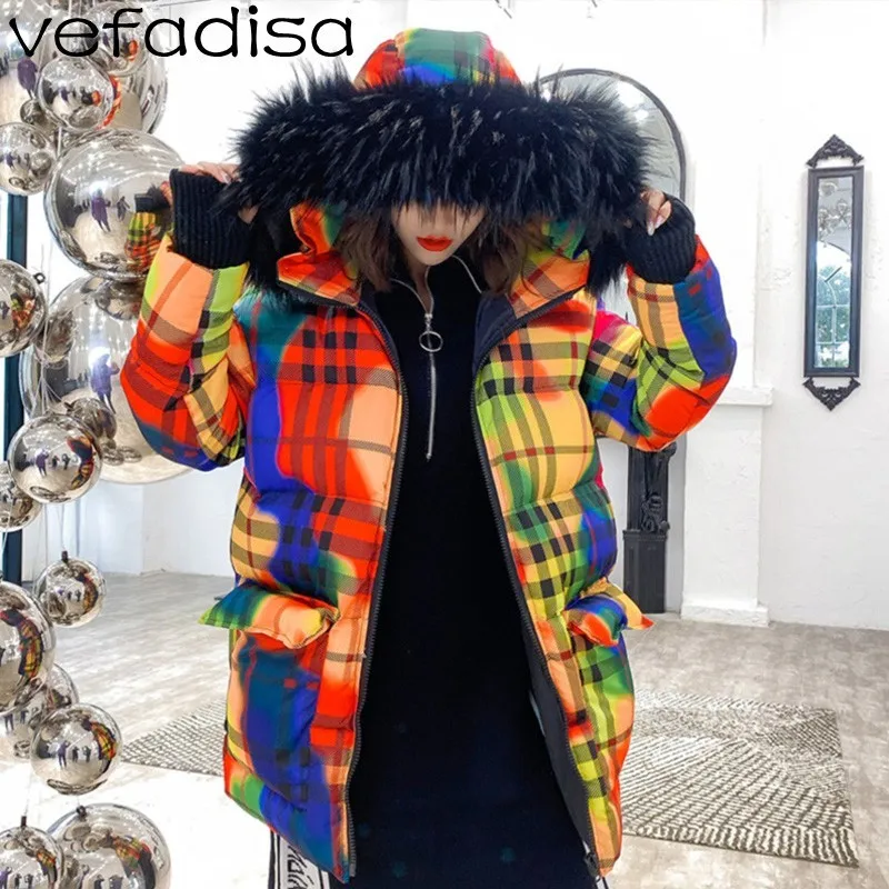 Manteau Fourrure De D'hiver Poches Chaud Avec Coloré Parkas Col Zld175 en Vefadisa Rainbows Capuchon Plaid Arc Grand À Long pain Femmes axPqFdZwF