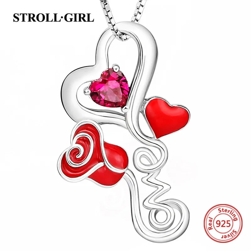 

New arrival 925 sterling silver love heart rose chain pendant necklace with enamel&CZ diy fashion jewelry factory supply gift