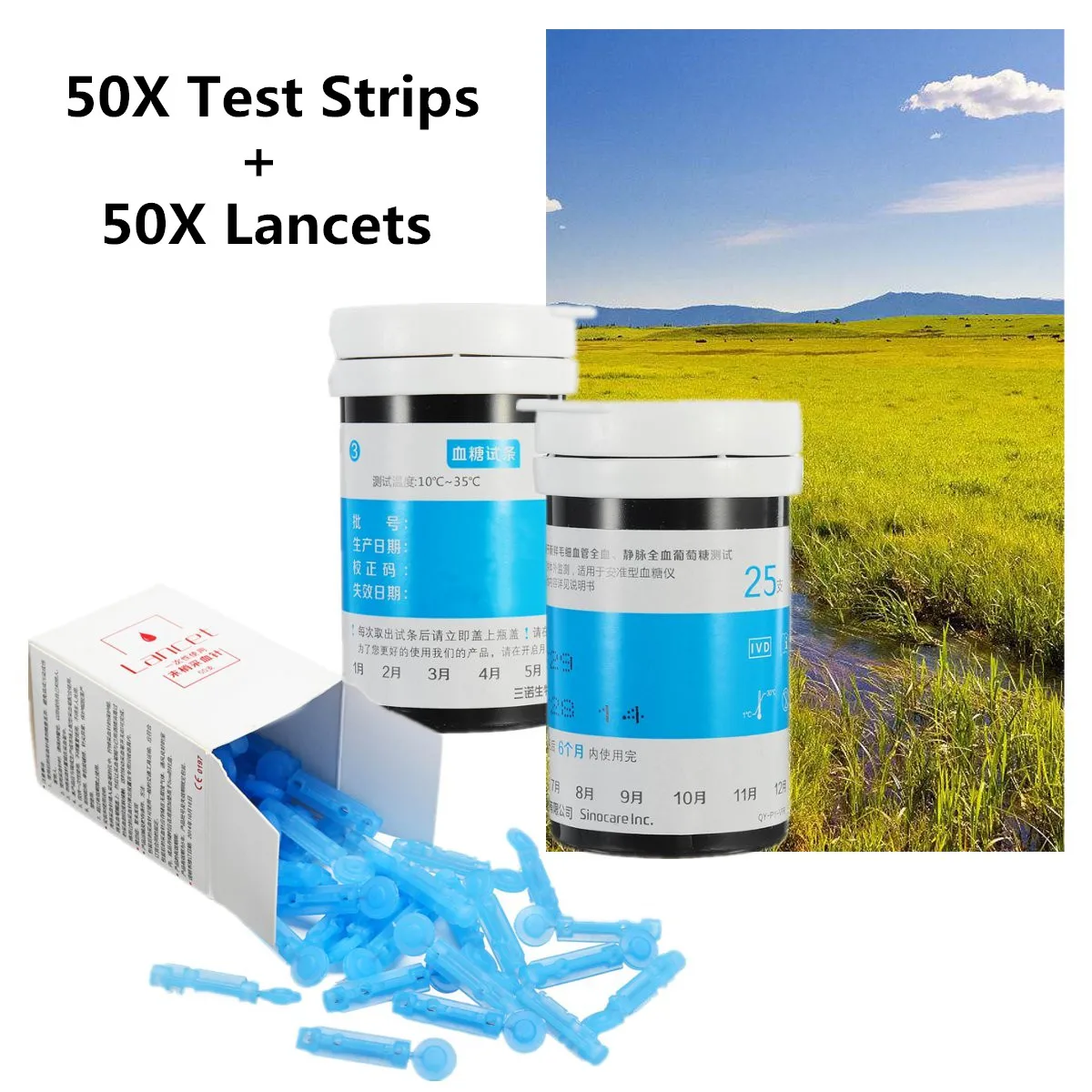 

50X Test Strips & 50X Lancets Set Blood Monitors Glucose Meter Glucometer Accessories Sugar Diabetes Tester Health Care Kit