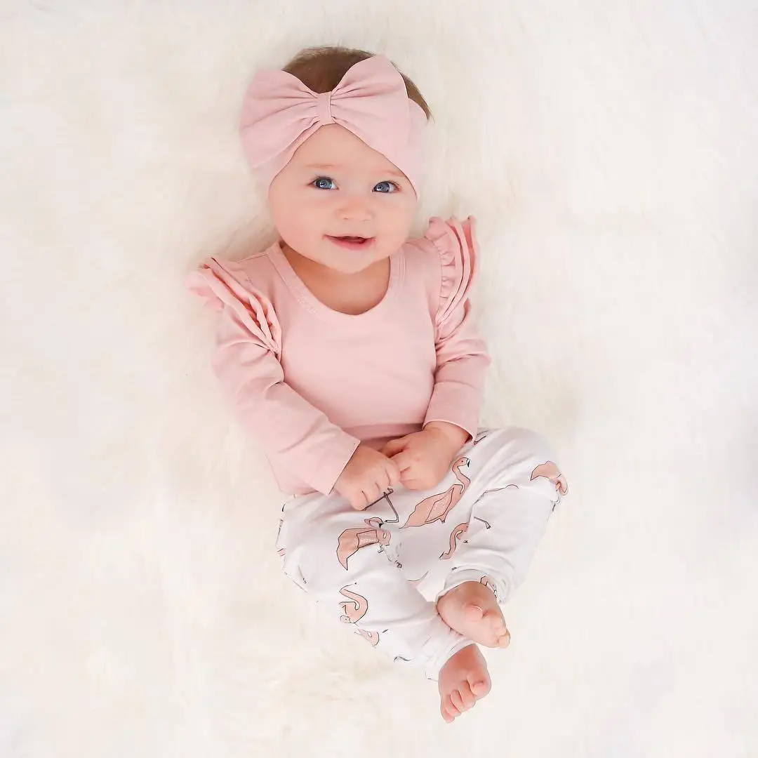 

3 pieces Solid Ruffled Long sleeve Bodysuit,Flamingo Print Pant with Headband Set For Baby Girl