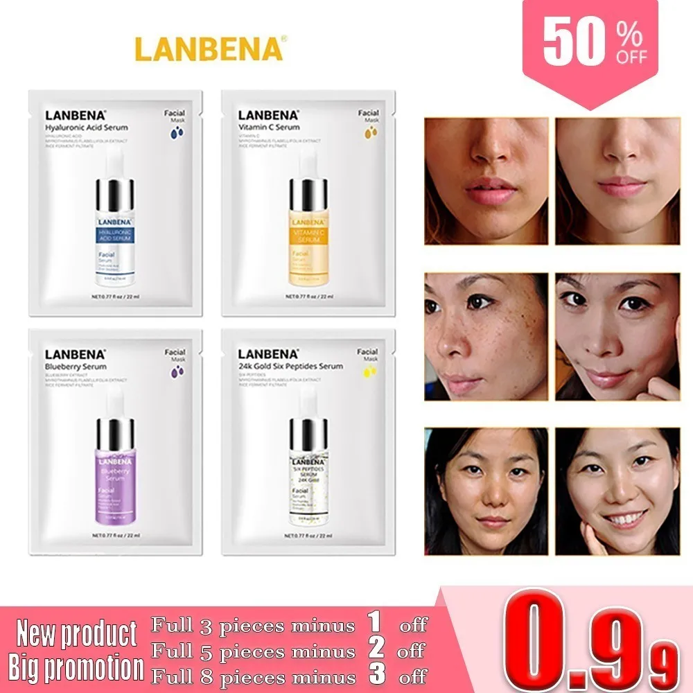 Lanbena маски для лица Гиалуроновая Кислота Витамин С Сыворотка черника лист маска увлажняющая отбеливающая Омолаживающая вода уход за кожей
