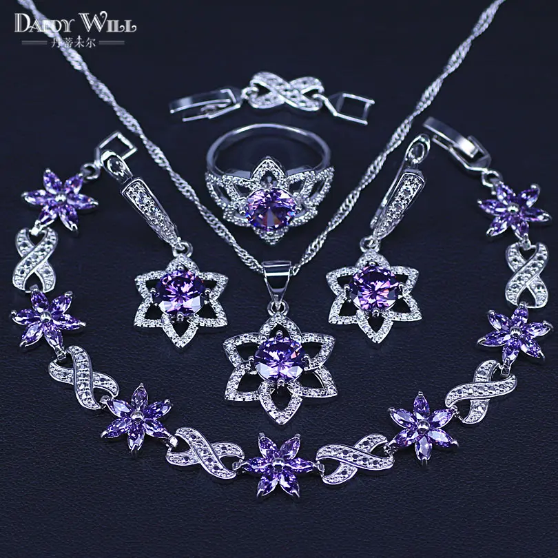 

Purple Cubic Zircnoia 925 Sterling Silver Bridal Costume Jewelry Sets For Women Bracelet Earrings Necklace Pendant Rings Set