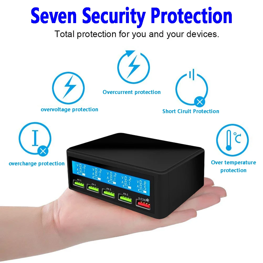 

Multi USB Charger,50W 5 Port USB Fast Charger with QC 3.0 Quick Charge LCD Smart Charging Station Hub for Multiple Devices