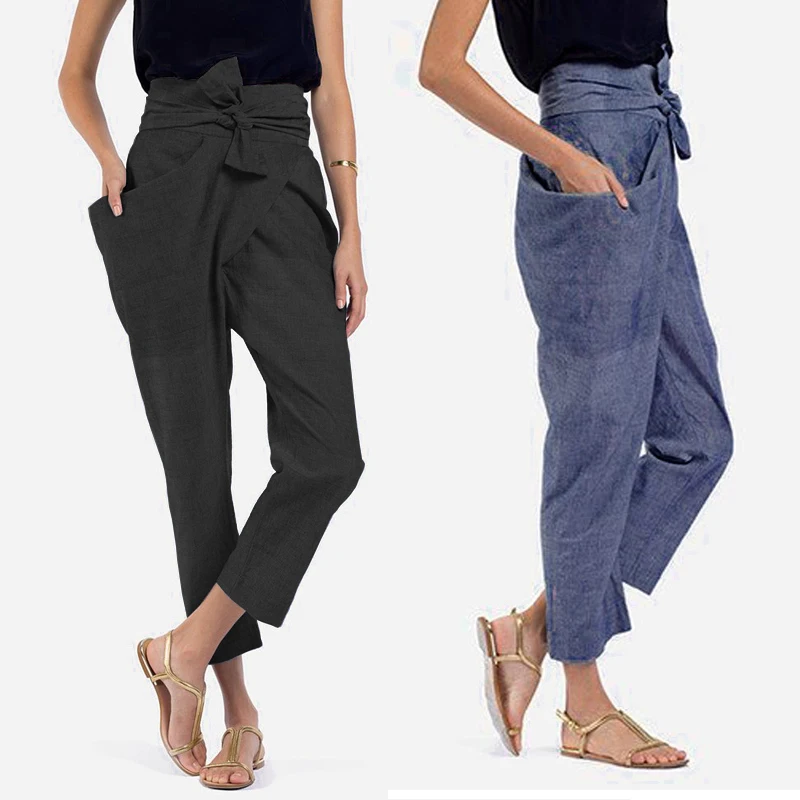 

Celmia Plus Size Women High Waist Trouser 2019 Autumn Casual Bow Belted Pants Irregular Pockets Long Palazzo Carrot Pants 5XL