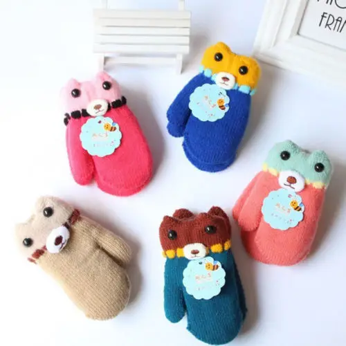 

Winter Thick Cartoon Gloves Warm Toddler Kid Baby Boy Girl Child Thick Fur Coral Fleece Gloves 1Pair Mittens With Neck String
