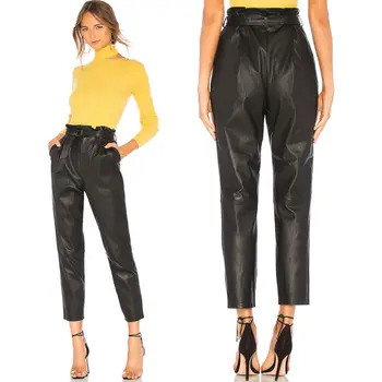 

Women Lady PU Leather High Waist Pants Jegging Stretch Pant With Pockets + Belt Trouser