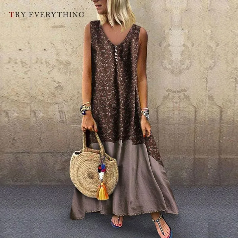 

Plus Size Loose Casual Dress Women Summer 2019 Print Maxi Beach Dress Boho Ladies Sleeveless Cotton Long Dresses For Women 3XL