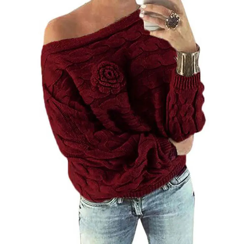 

Autumn Knitted Sweater Women Winter Warm Pullover Flowers Off Shoulder Sexy Sweater Spring Sexy Sweaters Ladies Pullovers 38