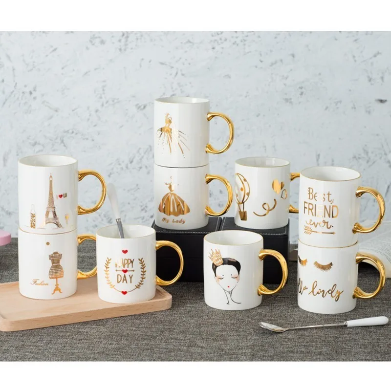 Европейский Романтический стиль костяного фарфора проследить дизайн в золотом завтраке чашка с кружкой для молока Золотая буква край мелкобуржуазная кофейная чашка