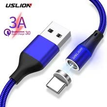 USLION QC3.0 Магнитный кабель для быстрой зарядки Micro USB для iPhone для samsung, магнитное зарядное устройство usb type C 1M 3A, телефонный кабель для передачи данных