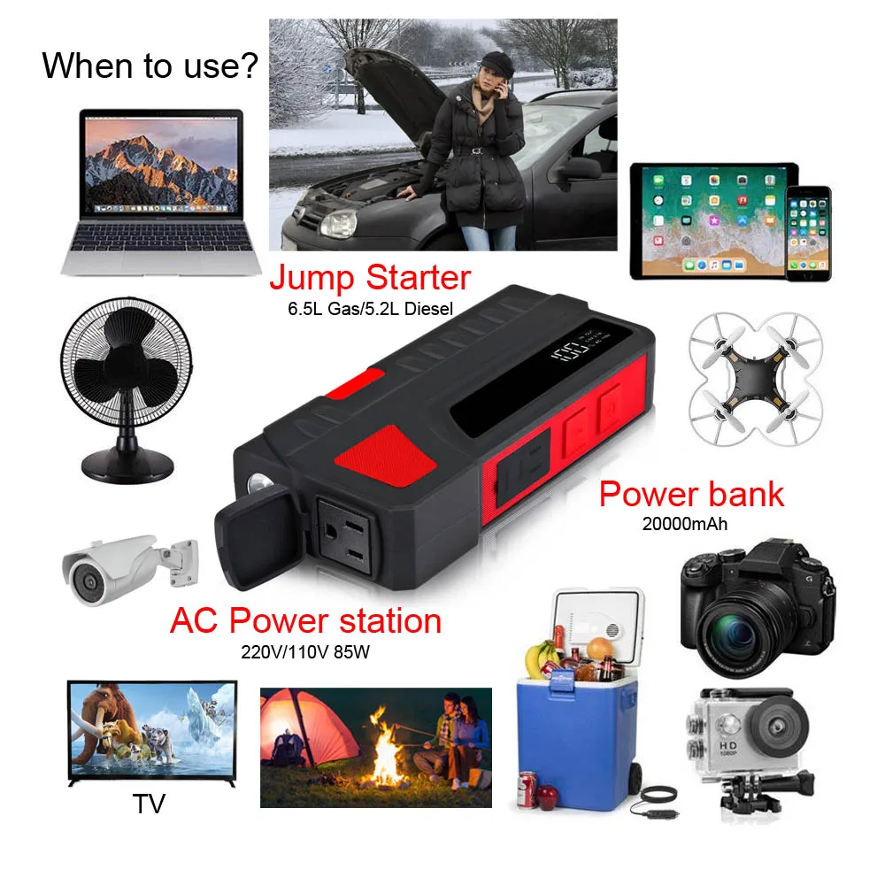 1000A Car Jump Starter Battery Pack 85W Portable Generator Power Station Home Camping Emergency Power Supply 110V 220V AC DC 12V