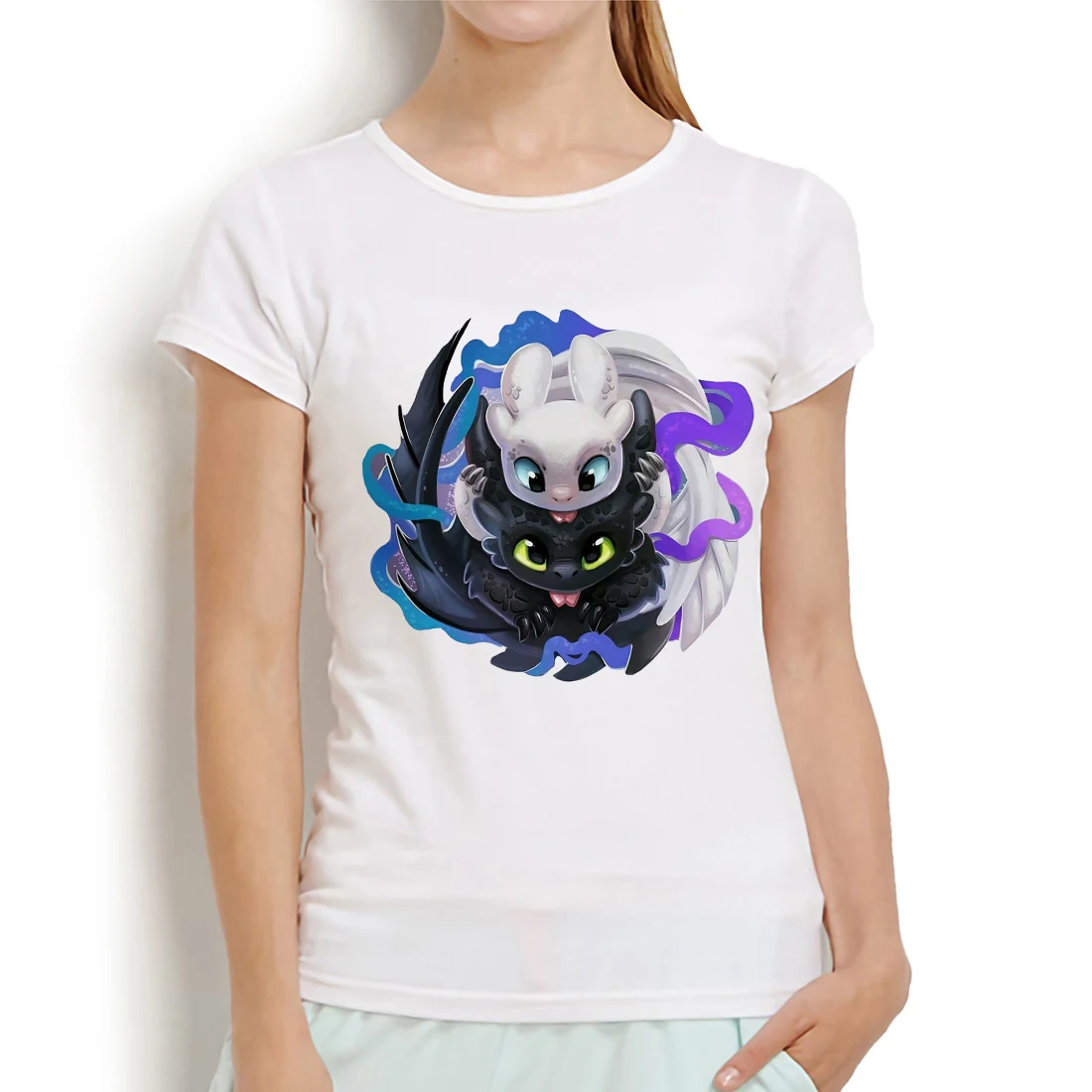 Забавная женская футболка в стиле аниме «Как приручить дракона», летняя Новинка, белая Повседневная футболка, Беззубик и светильник, футболки Fury femme