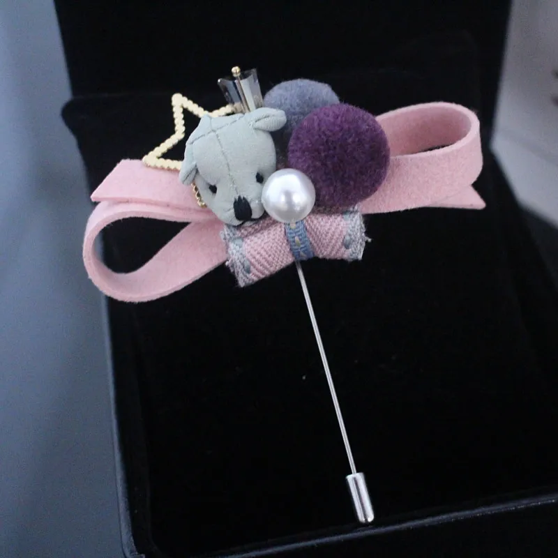 

i-Remiel Cloth Art Fabric Flower Bear Pearl Bow Brooch Exquisite Boutonniere Long Needle Pin Women Corsage Clothing Accessories