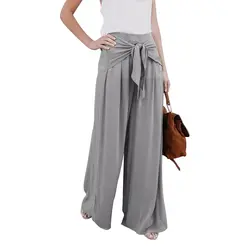 Плюс размеры Модные повседневное для женщин эластичный пояс кружево до мотобрюки Свободные Высокая талия широкие брюки клеш Palazzo
