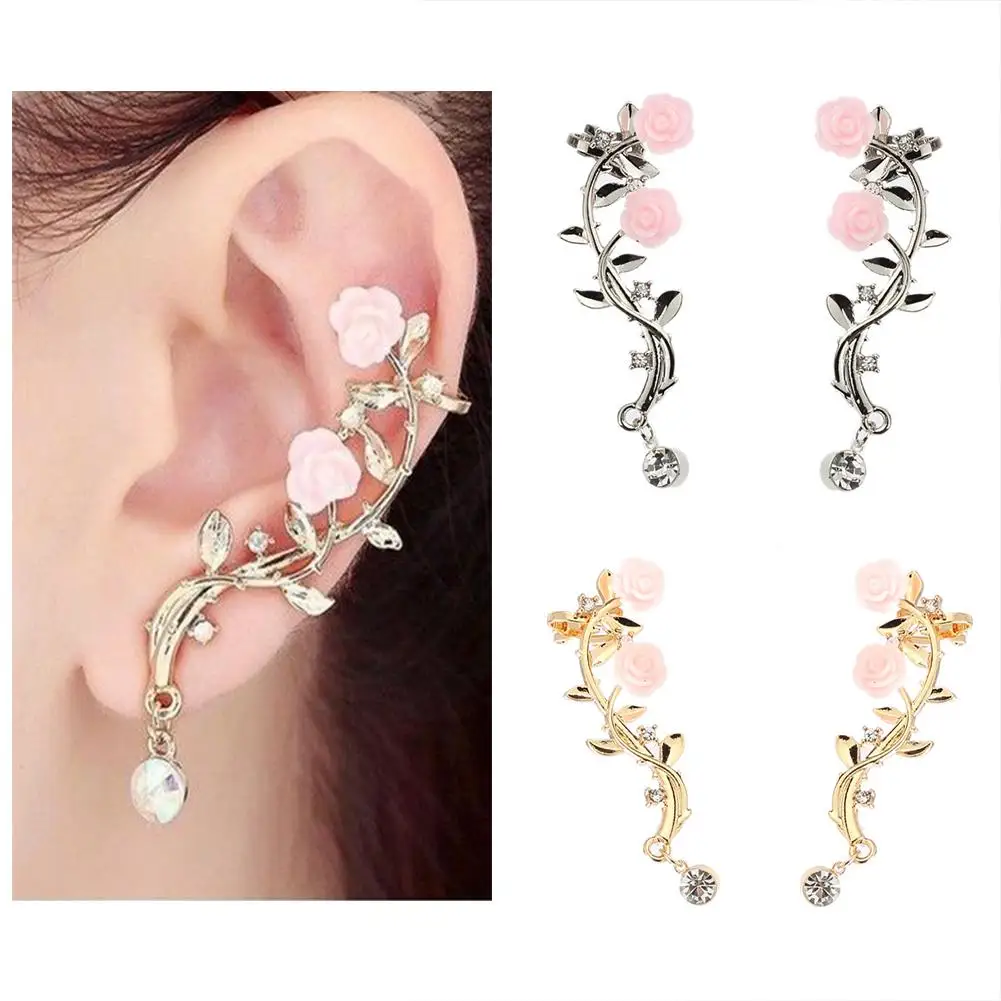 

Women Earrings Ear Vintage Rose Flower Branch Rhinestone Climber Crawler Jewelry