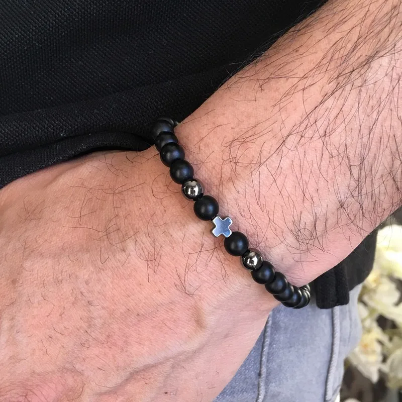 

2019 New charm Men bracelet Black hematite Cross with 8mm Natural Stone & Copper bead Diy bracelets for women men jewelry gift