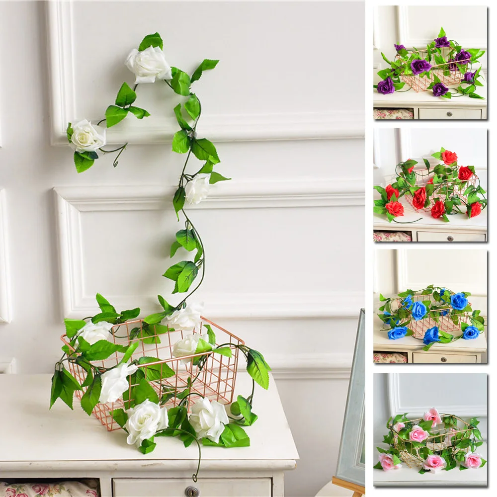 

1*Artificial Flower Vine 2.4m Silk Rose Flowers Vine Rattan Fake Leaves Garland Wedding Home Decor White/Red/Pink/Blue/Purple
