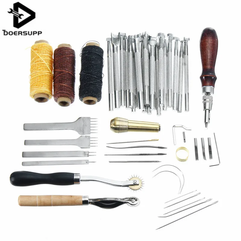 

49PCS Leather Craft Kit Tools Thread Awl Waxed Thimble Kit For Hand Stitching Sewing Stamping DIY Hand Tool Set