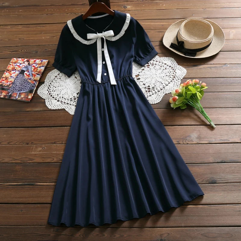 

Japan Mori Girl Sweet Summer Dress 2019 New Women's Doll Collar Short-Sleeved Cotton Long Dresses Navy Blue,Apricot