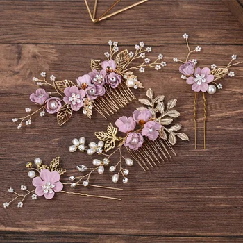 

Fashion Bride Headwear hair Violet Flower Hair Comb Pearl Hair Insert Sen Woman System Flower The Wedding Insert Comb