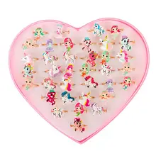 36 pcs Trẻ Em Phim Hoạt Hình của Hợp Kim Mermaid Unicorn Hình Đồ Chơi Kim Cương Nhẫn Đồ Trang Sức Công Chúa Cô Gái Jewel Nhẫn trong Hộp Giả Vờ chơi(China)