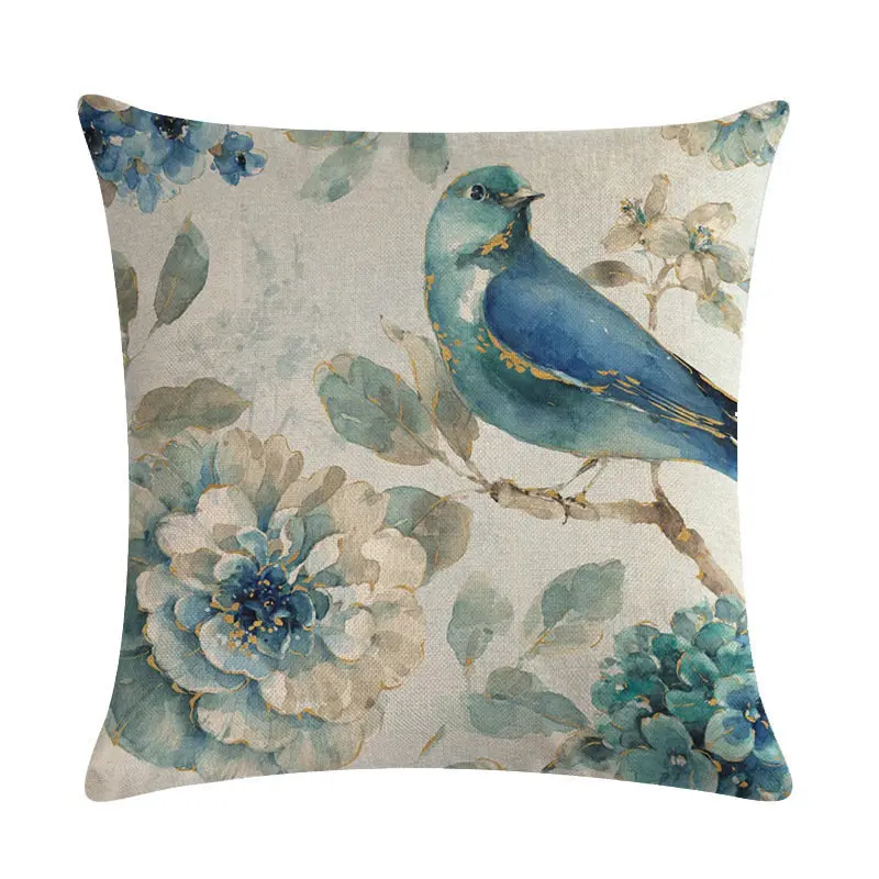 Хлопковая льняная декоративная подушка для дивана с птицами и цветами, наволочка, наволочка 45*45, декоративная наволочка для дома 40622