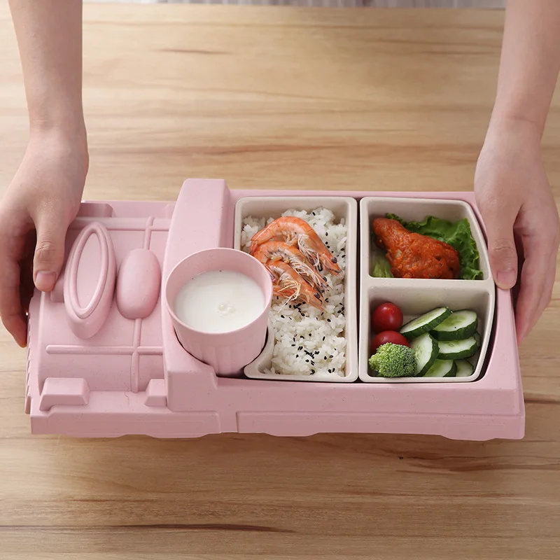 GZZT Bamboo Fiber Baby Food plate Cartoon Train Shape Bowl Lunch Box Health and Safety Kid Children Feeding Plate Tableware