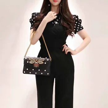 

Foamlina Elegant Women Two Pieces Sets Short Sleeve Buttons Dot Print Top and V Neck Sleeveless Ankle Length Jumpsuit Work Suits
