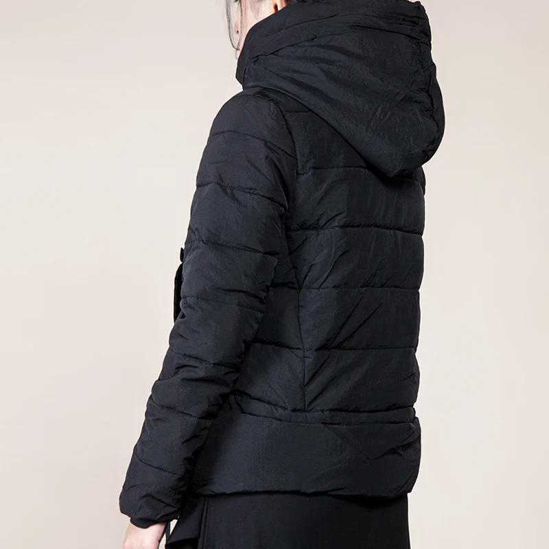 Solide Femme Lâche Chaud Fermetures eam Noir Manches 2019 Capuche Le129 Printemps Coton Couleur Longues À Black Glissière Poches En Manteau rembourré Courtes OEO4qtx