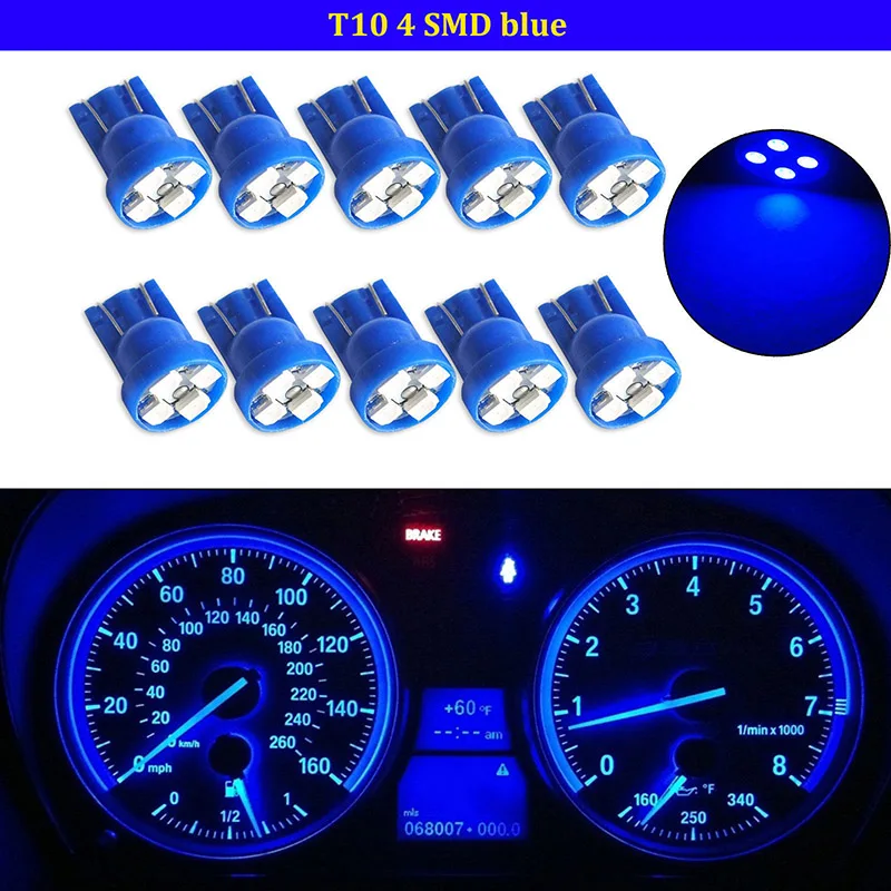 

JX-LCLYL 10pcs T10 W5W 194 2825 4SMD LED Wedge Dashboard Gauge Cluster Light Bulb Blue