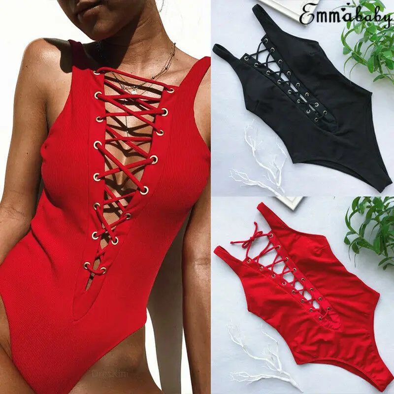 

Brand New 2019 Women Swimwear Sexy High Cut One Piece Swimsuit Backless Swim Suit Black Red Bandage Bathing Suit Female Monokini