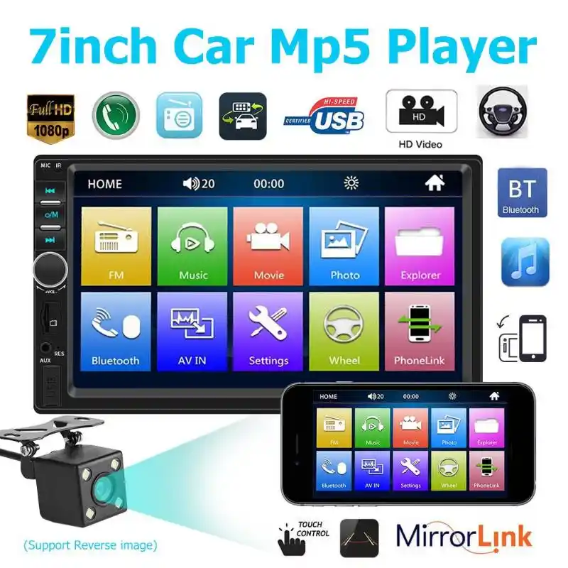 ASTSH Car Radio Touch Screen 7 HD Inch Touch Screen 2 Din in-Dash MP5 MP5 Player Audio Video Amplifier with Mirror Link FM Radio Remote Control Backup Camera