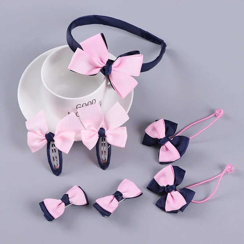 7pcs/set hair accessory set bow flower headband hair clip stretch hair rope cute candy color girls hair ring Cloth headwear set