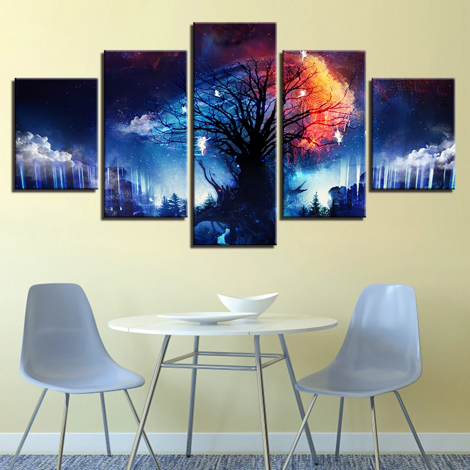 

Canvas Pictures Home Decor 5 Pieces Magic Tree Surrounded By Clouds Painting HD Prints Starry Forest Fairy Poster Wall Art Frame