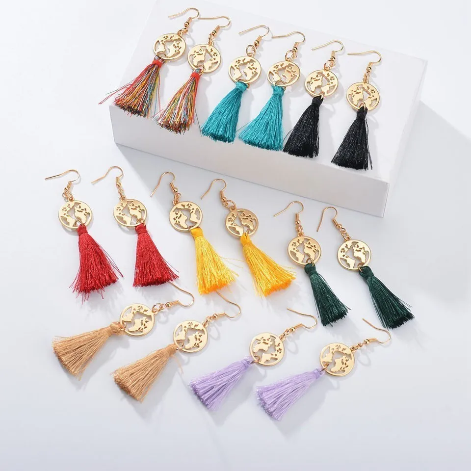 

Trendy Colorful Bohemia Tassel Earrings For Women Gold Round Map Design With Tassel Handmade Party Earrings Jewelry Gift