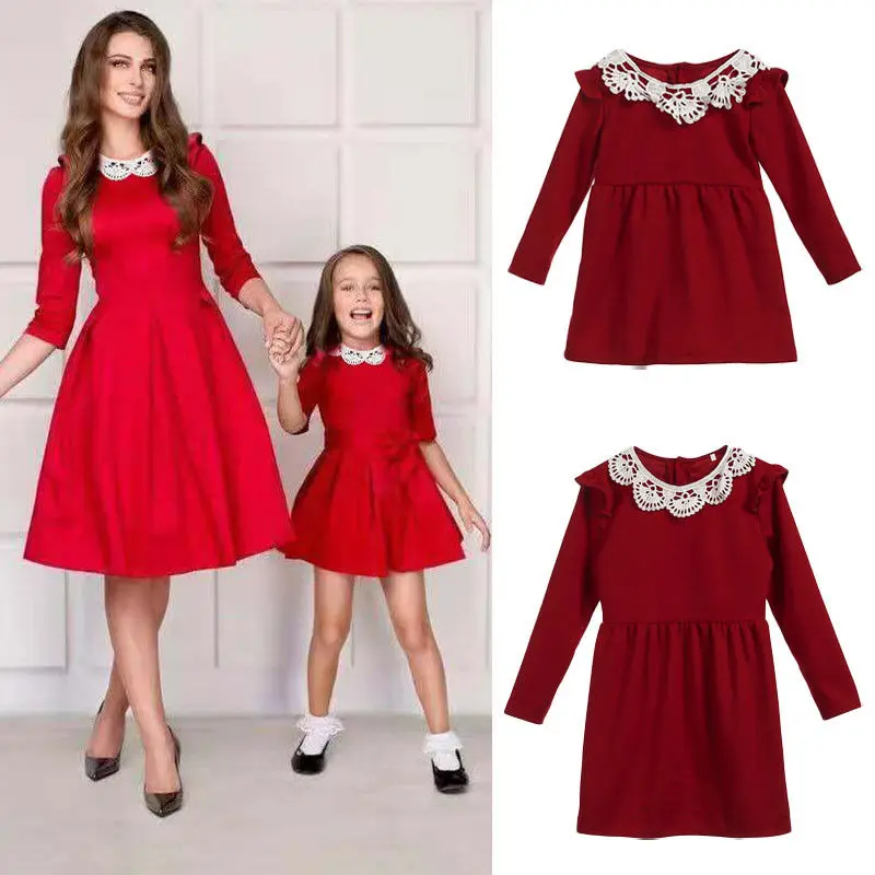 

Mother And Daughter Dress Xmas Evening Party Dress Lace Peter Pan Collar Red A-Line Knee-Length Dress