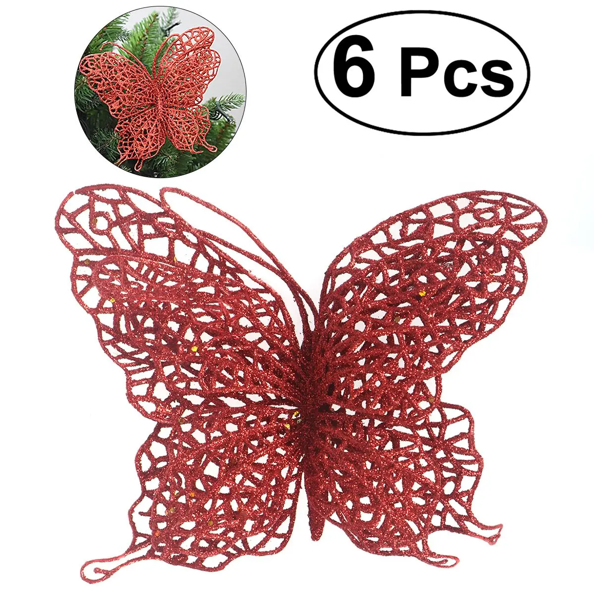 

6 Pcs Glitter Artificial Flowers Christmas Butterfly 5.9"/15cm Christmas Tree Ornaments Wedding Party Decorations