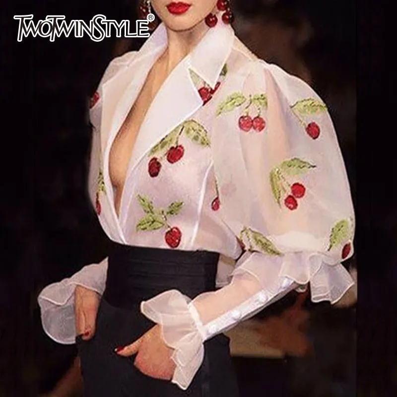 TWOTWINSTYLE Кружевная блуза блузка женская фонарь футболка с длинными рукавами и