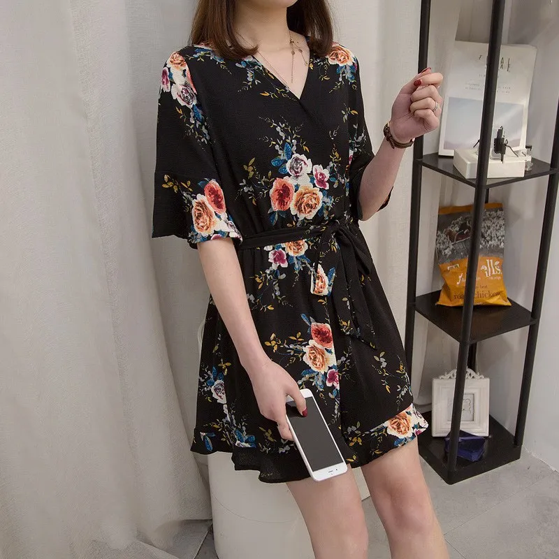 

New Summer Women Flare Sleeve Beach Rompers Loose V-Neck Belt Floral Print Jumpsuit Short Sashes Female Plus Size Romper