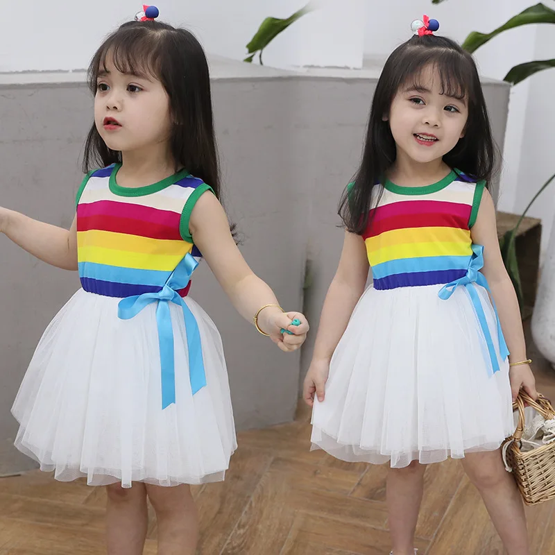 

2019 Summer New Fashion Girl Kids Dress Summer Wear Sleeveless Vest Children Rainbow Gauze Princess Dresses
