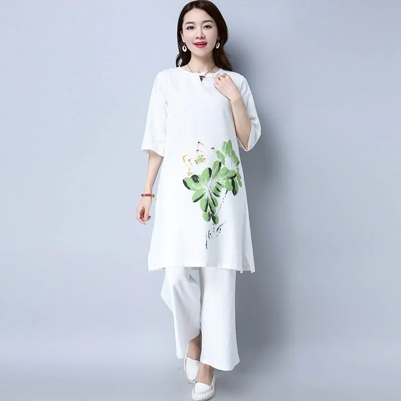 

2019 Spring Summer Women Two Piece Sets Elegant Cotton Linen Wide Leg Pants Loose Female Long Blouse Pants Set