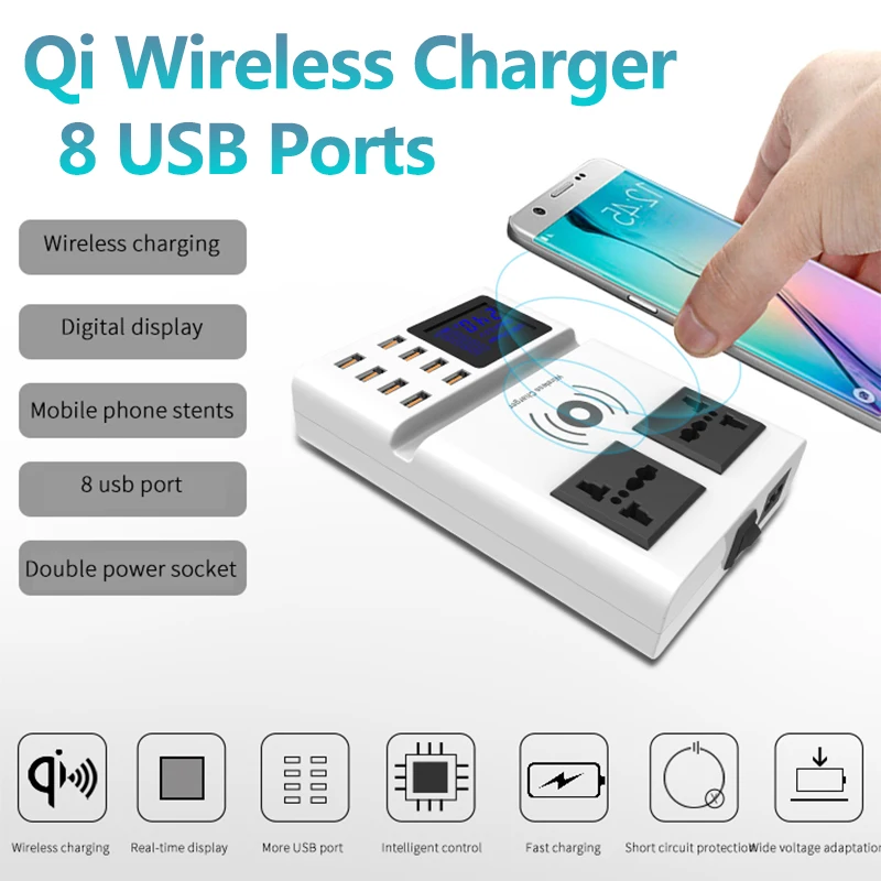 

Qi Wireless Charger Pad 8 Ports USB Dual AC Smart Charger with Led Display EU Plug Power Charger