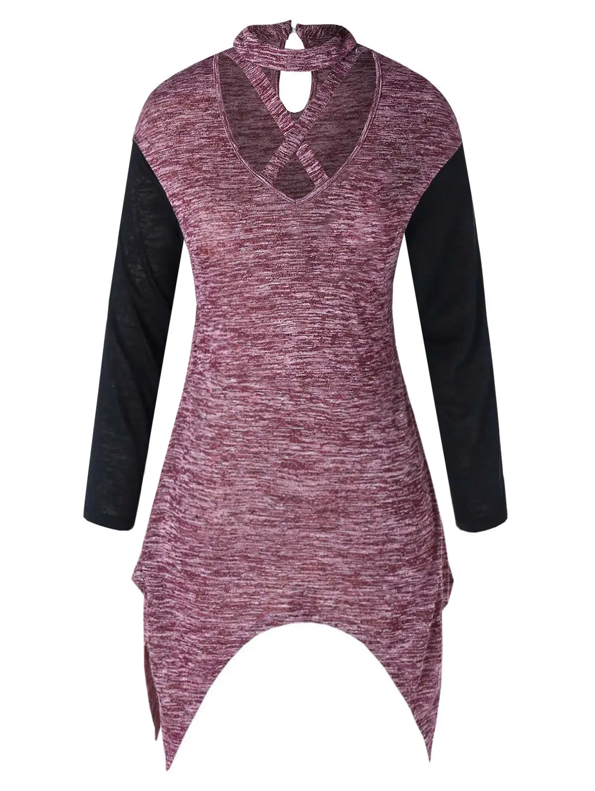

Wipalo Women Plus Size Criss Cross High Low Hem T-Shirt Female Long Sleeves Turtleneck Casual Patchwork Tees Ladies Spring Tops