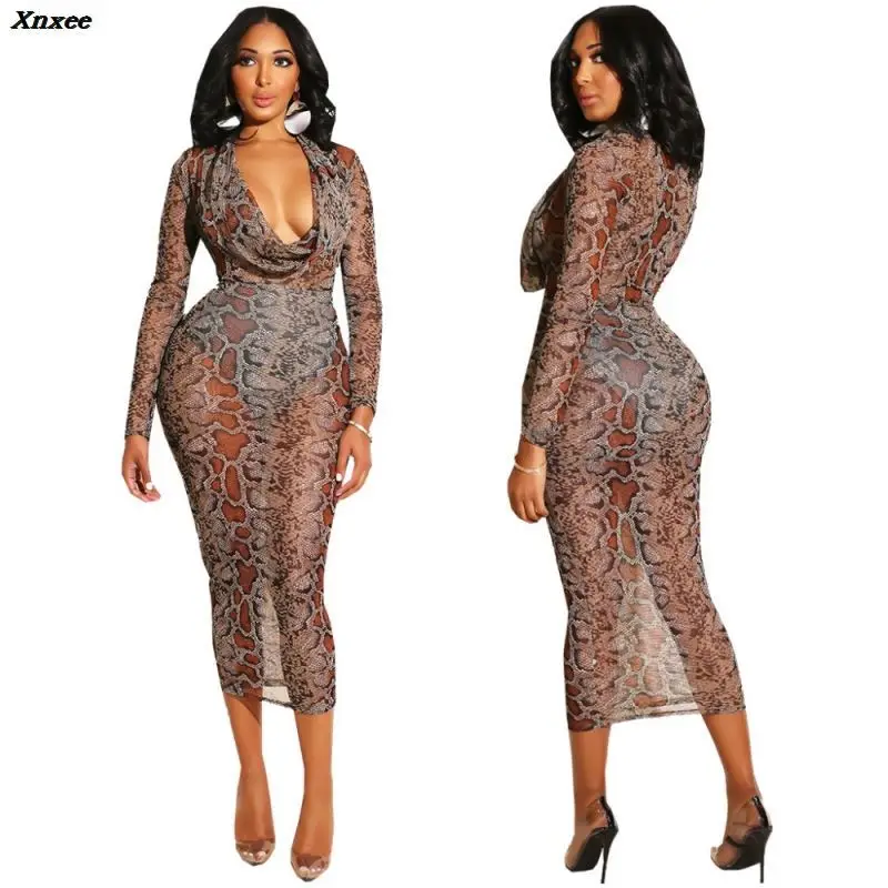 

Snake Print Mesh Perspective Autumn Winter Women Dresses Full Sleeve Fashion Casual Sexy Bandage Club Night Mid-Calf Dresses