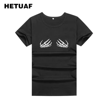 

HETUAF 2018 Cool Skeleton Skull Graphic Tees Women Printed Punk Rock Tumblr Womens T Shirt Tops Big Size Hipster Poleras Mujer