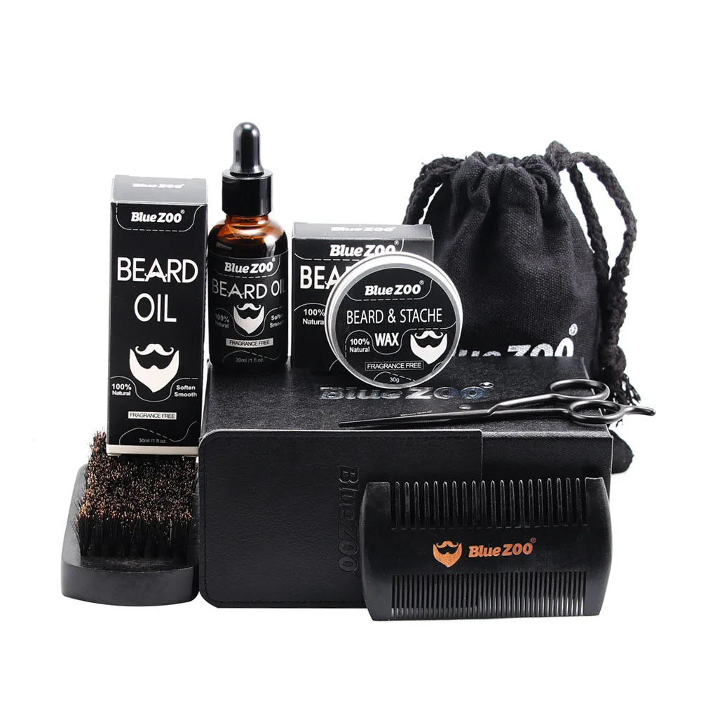 

JEYL Hot bluezoo 7pcs/set Men Beard Grooming Kits Beard Oil Mustache Moisturizing Wax Mustache Balm Beard Oil Essence Styling