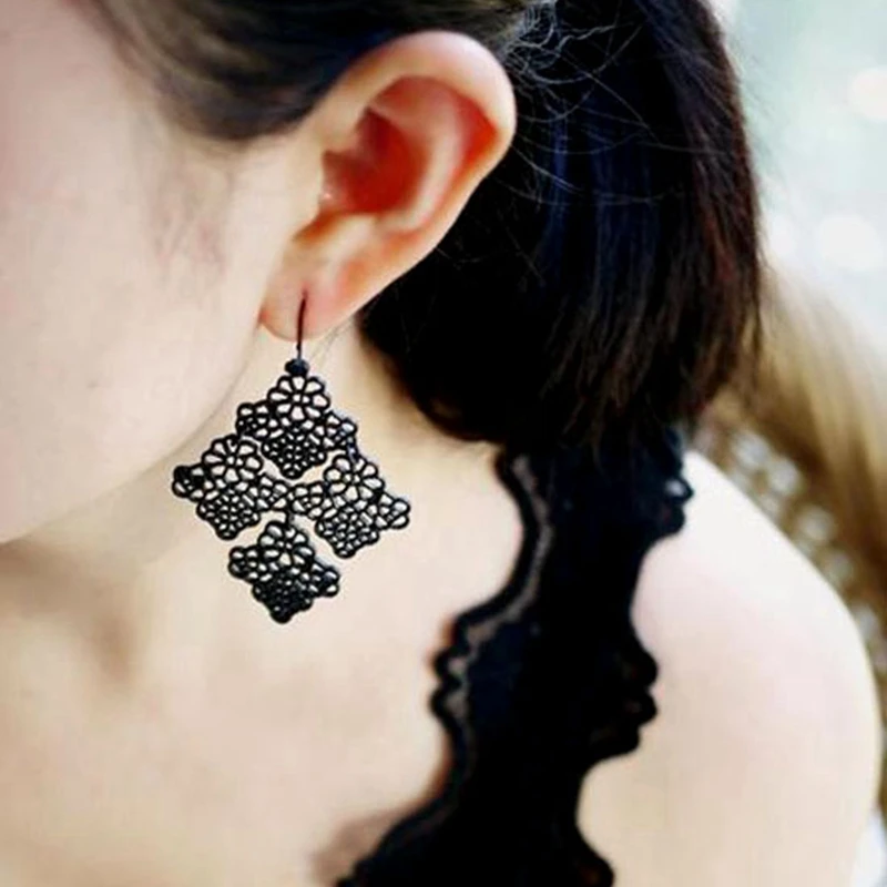 

Women Trendy Elegant Flowers Zinc Alloy Black Gun Zinc Plated Metal Geometric Square Hanging Dangle Drop Earrings