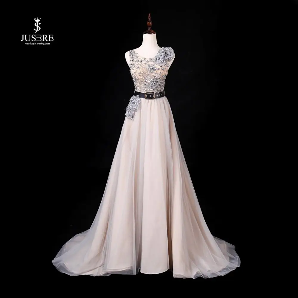 

JUSERE 2019 Crystals Beaded A Line Prom Dresses Flower Shoulder Illusion Back Party Gowns High Quality Customize